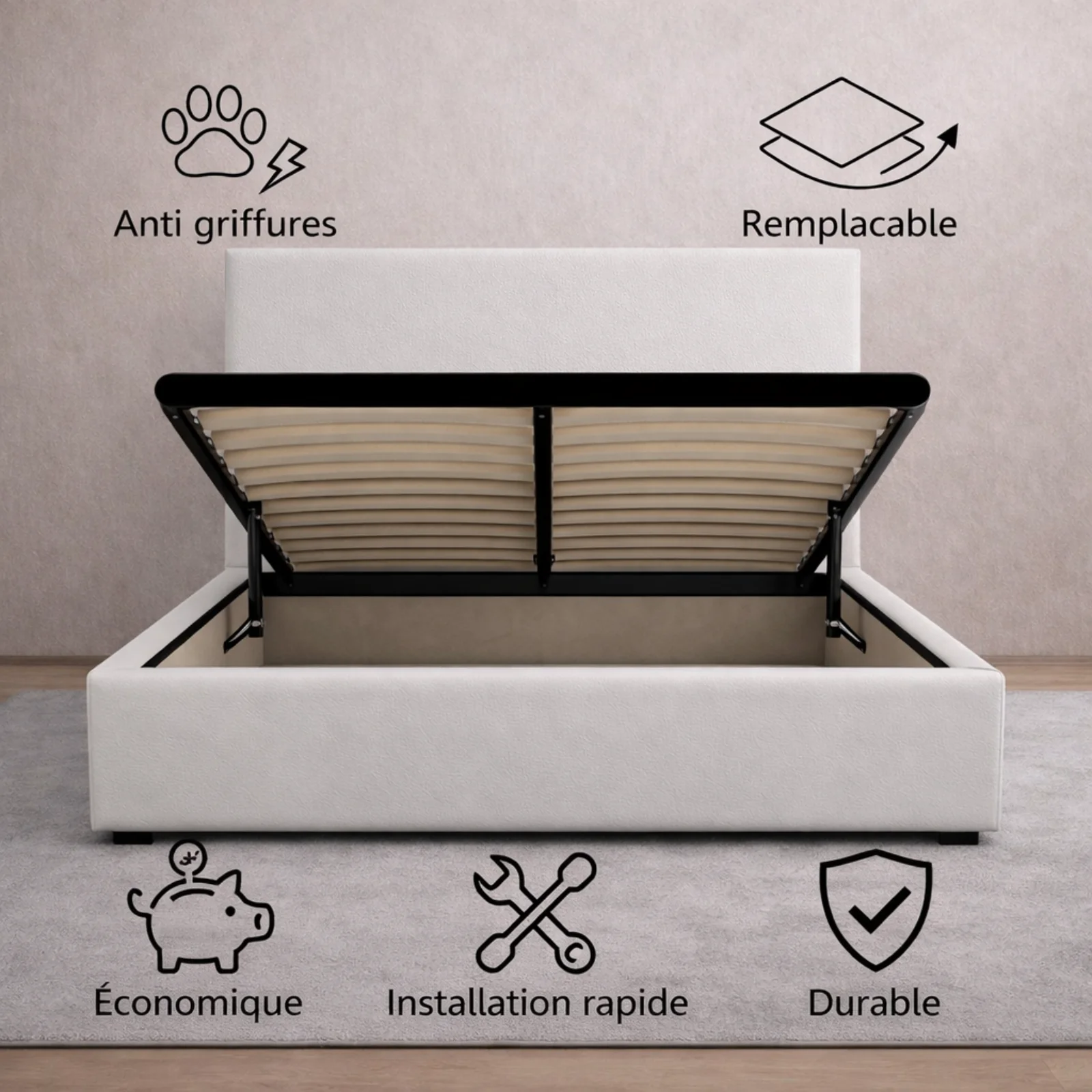 Housse structure lit coffre simili cuir blanc - Image 2