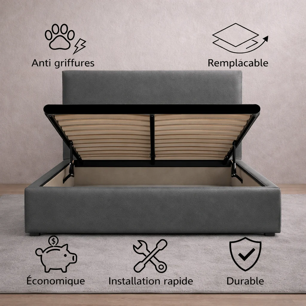 Housse structure lit coffre simili cuir gris - Image 2