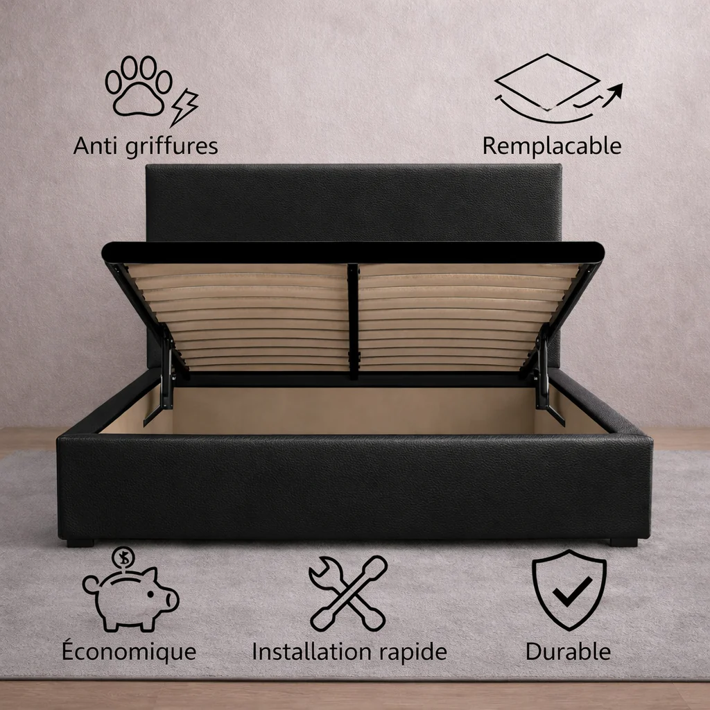 Housse structure lit coffre simili cuir noir - Image 2
