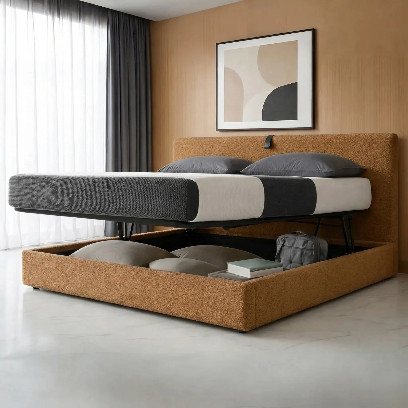 Lit coffre avec tête de lit ouverture latérale et frontale bouclette - Collection Parallèle design - Image 6