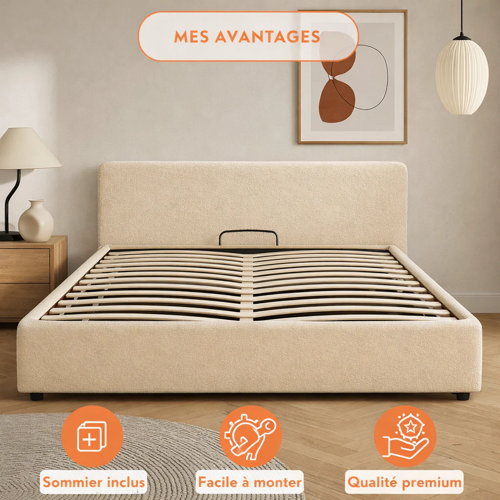 Lit coffre électrique avec tête de lit, bouclette, télécommande - Collection Futura design - Image 5