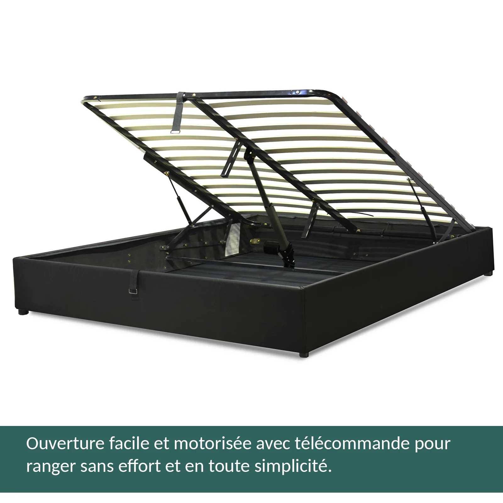 Lit coffre électrique simili cuir noir, télécommande, sommier flexible - Collection Futura - Image 3