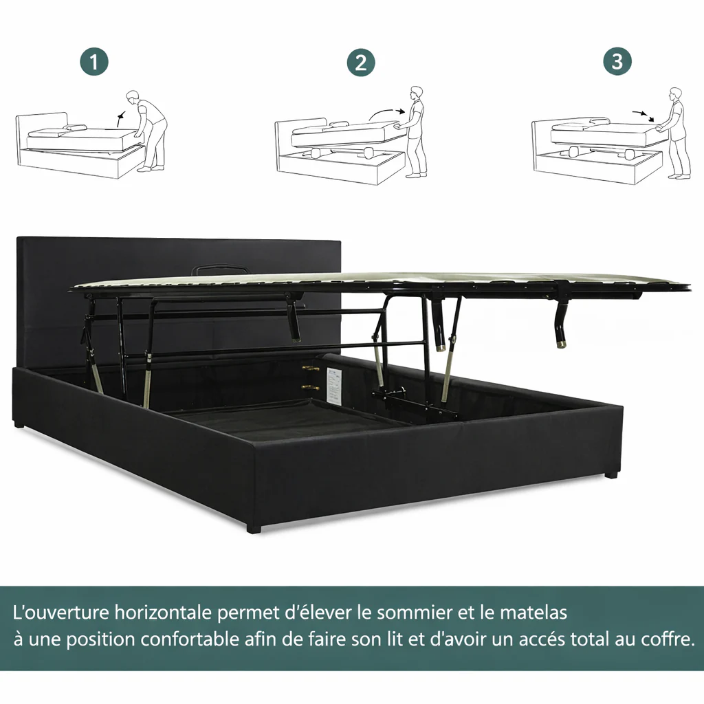 Lit coffre Lit coffre avec tête de lit ouverture latérale et frontale simili cuir - Collection Parallèle design - Image 10
