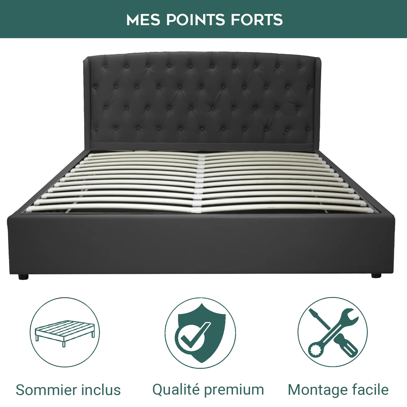 Lit coffre sommier relevable Monceau capitonné chic : simili cuir et sommier à lattes en bois flexibles - Image 14
