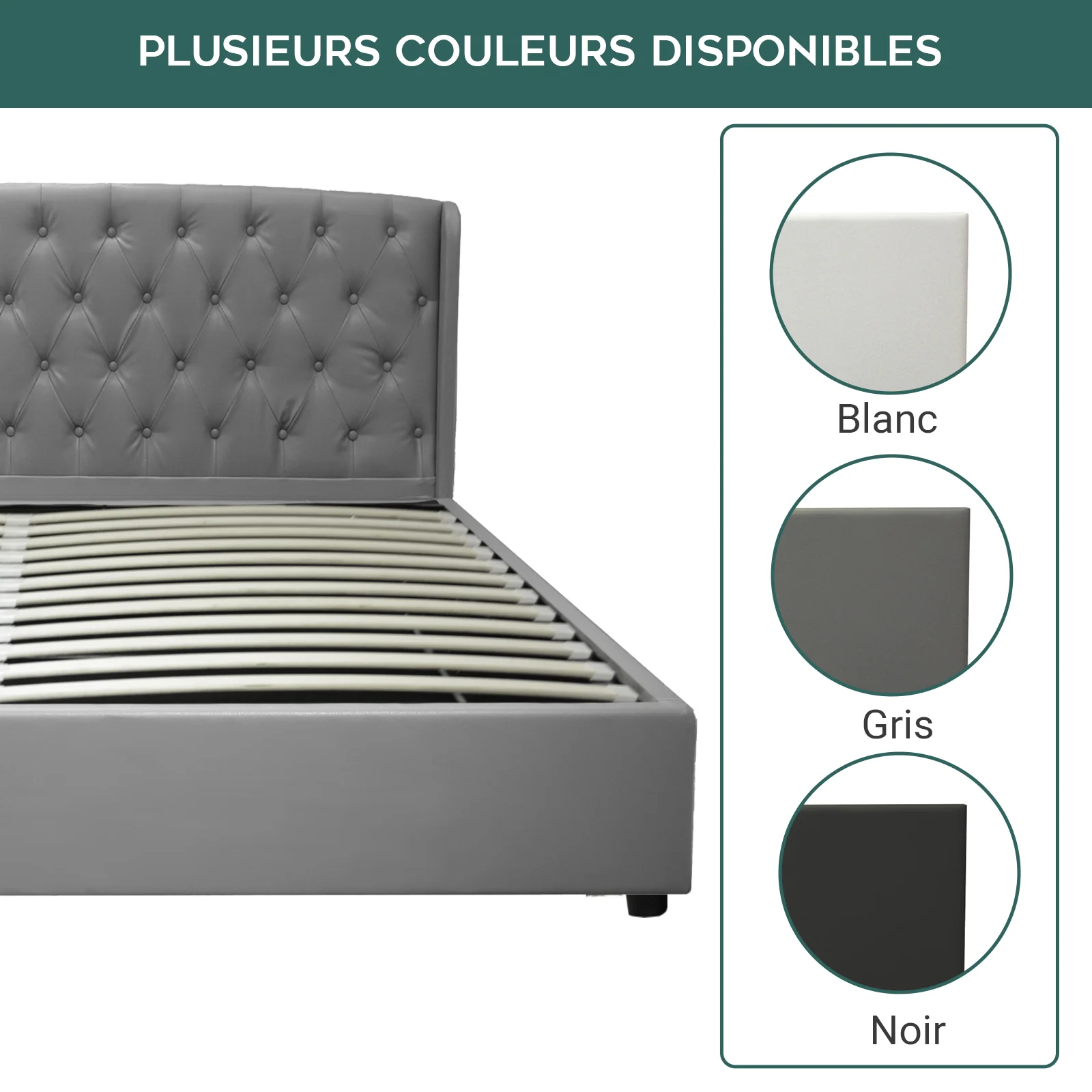 Lit coffre sommier relevable Monceau capitonné chic : simili cuir et sommier à lattes en bois flexibles - Image 2