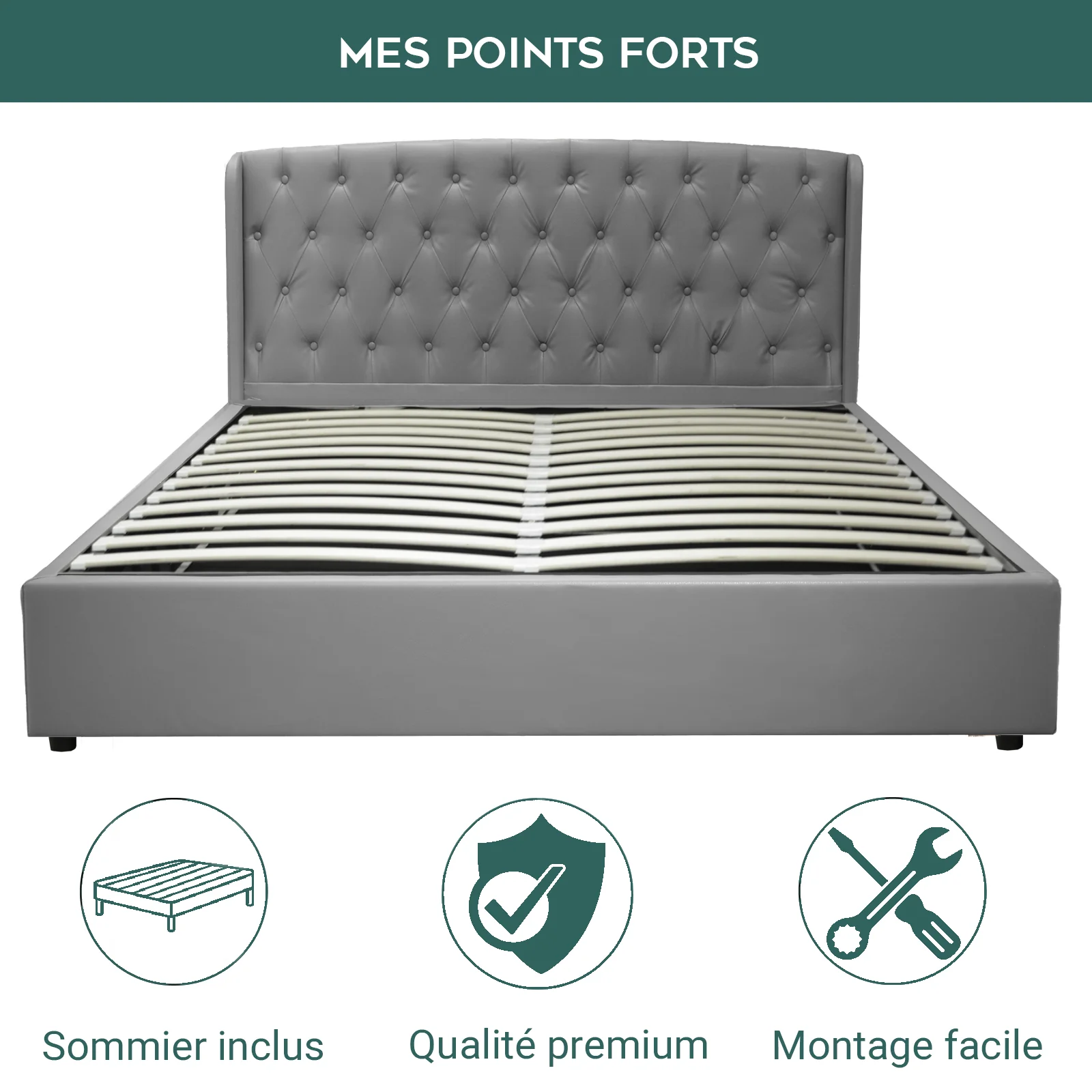 Lit coffre sommier relevable Monceau capitonné chic : simili cuir et sommier à lattes en bois flexibles - Image 3