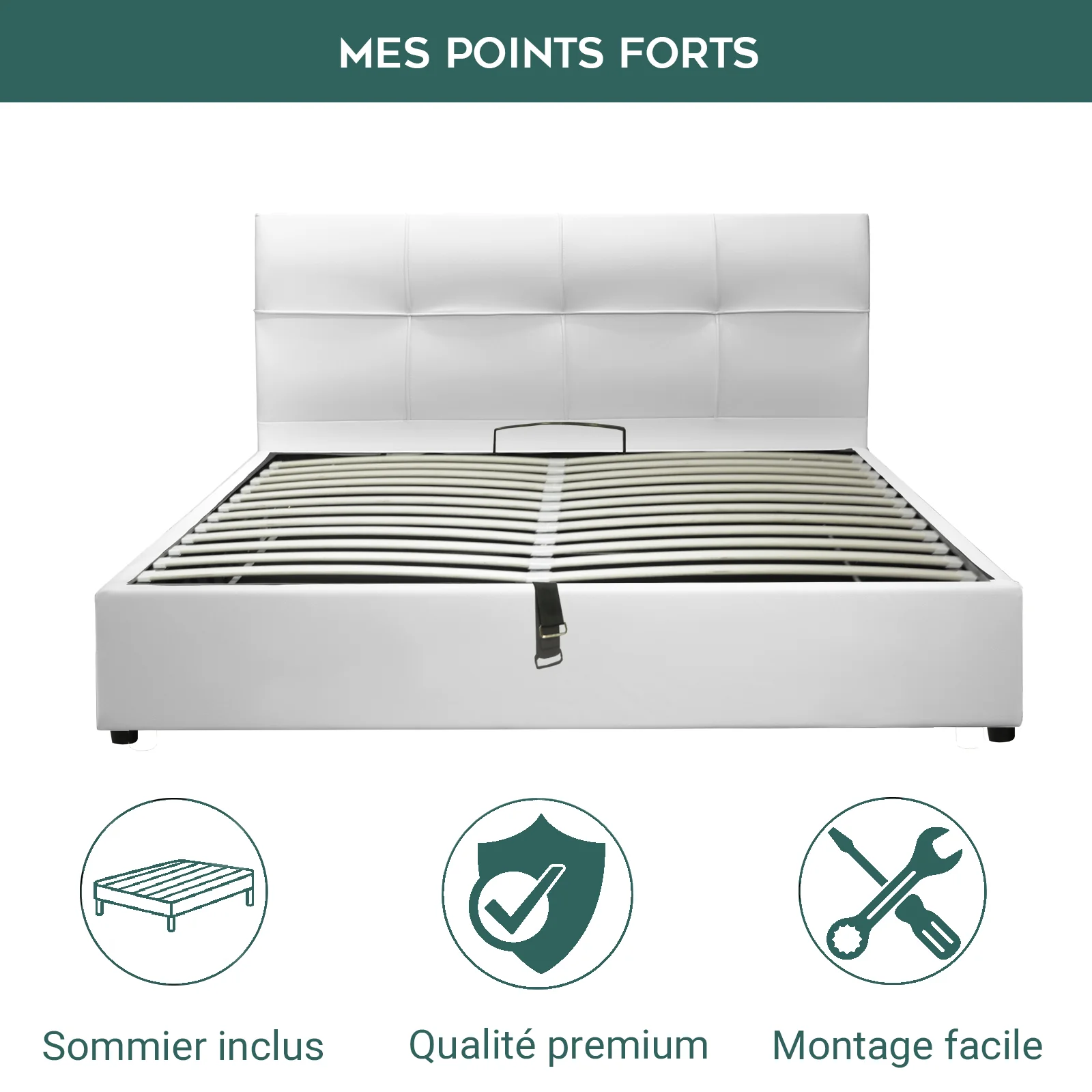 Lit coffre VariLuxe innovant - Tête de lit interchangeable : Simili cuir et grand coffre - Image 16