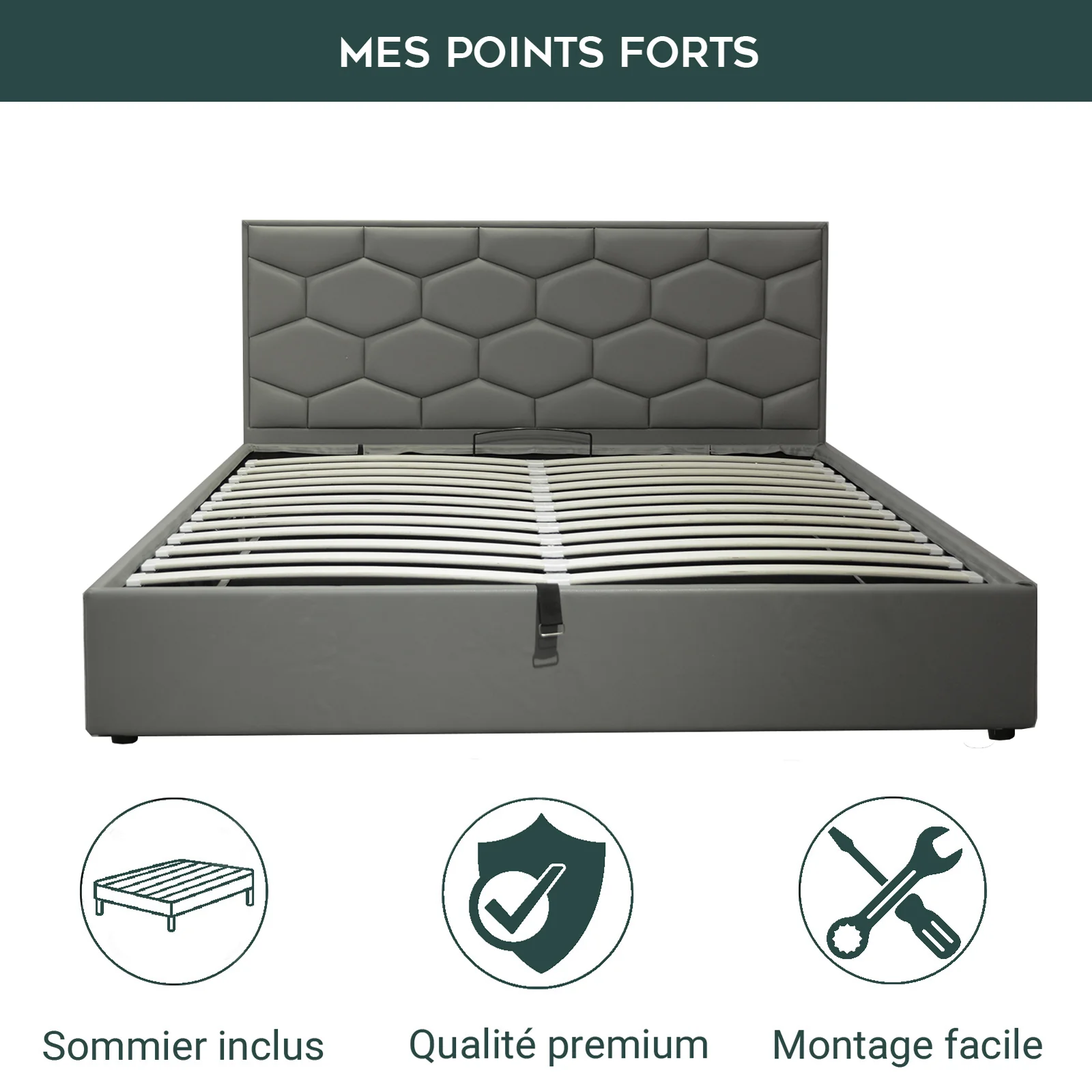Lit coffre VariLuxe innovant - Tête de lit interchangeable : Simili cuir et grand coffre - Image 4