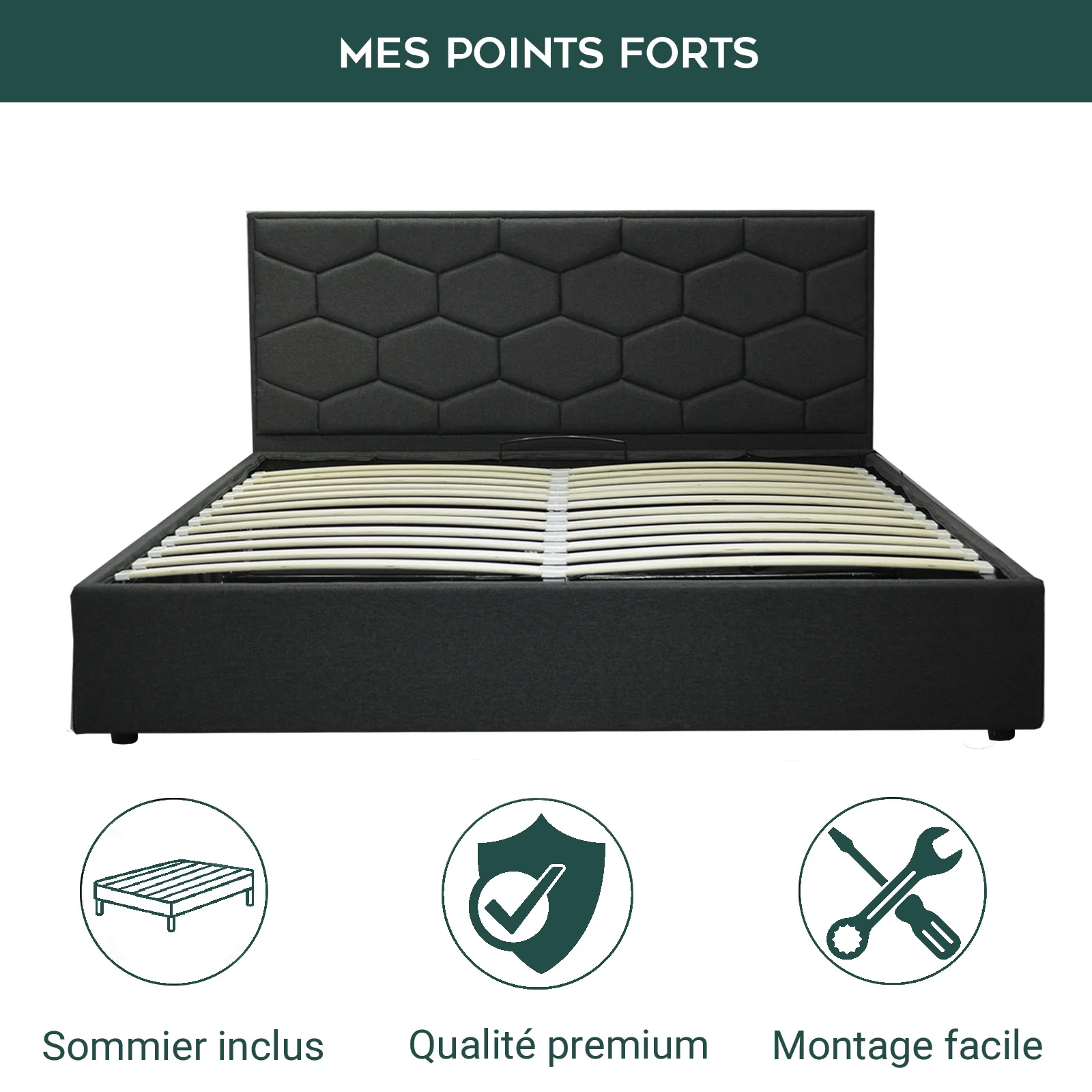 Lit coffre VariLuxe innovant - Tête de lit interchangeable : Tissu et grand coffre - Image 27