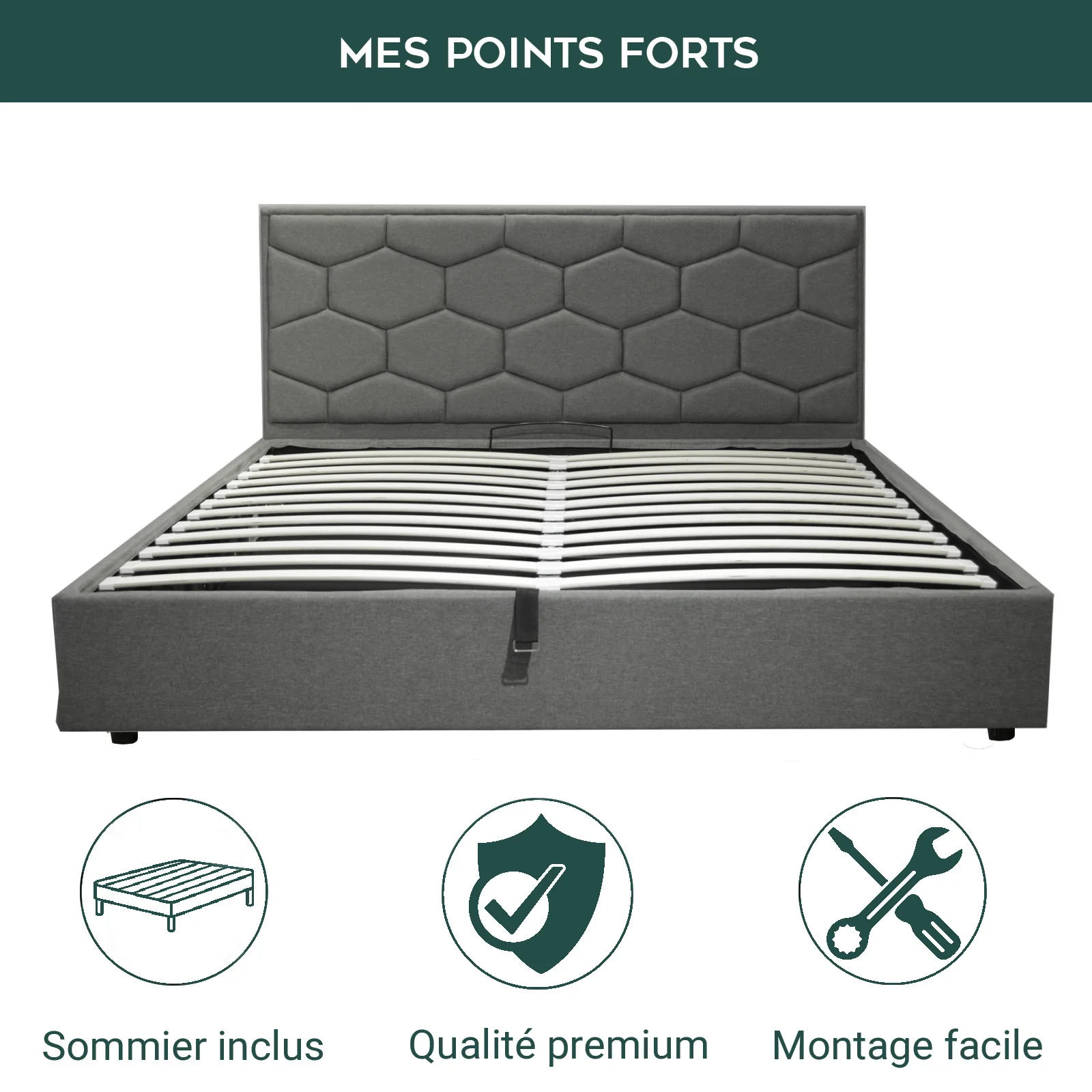 Lit coffre VariLuxe innovant - Tête de lit interchangeable : Tissu et grand coffre - Image 33