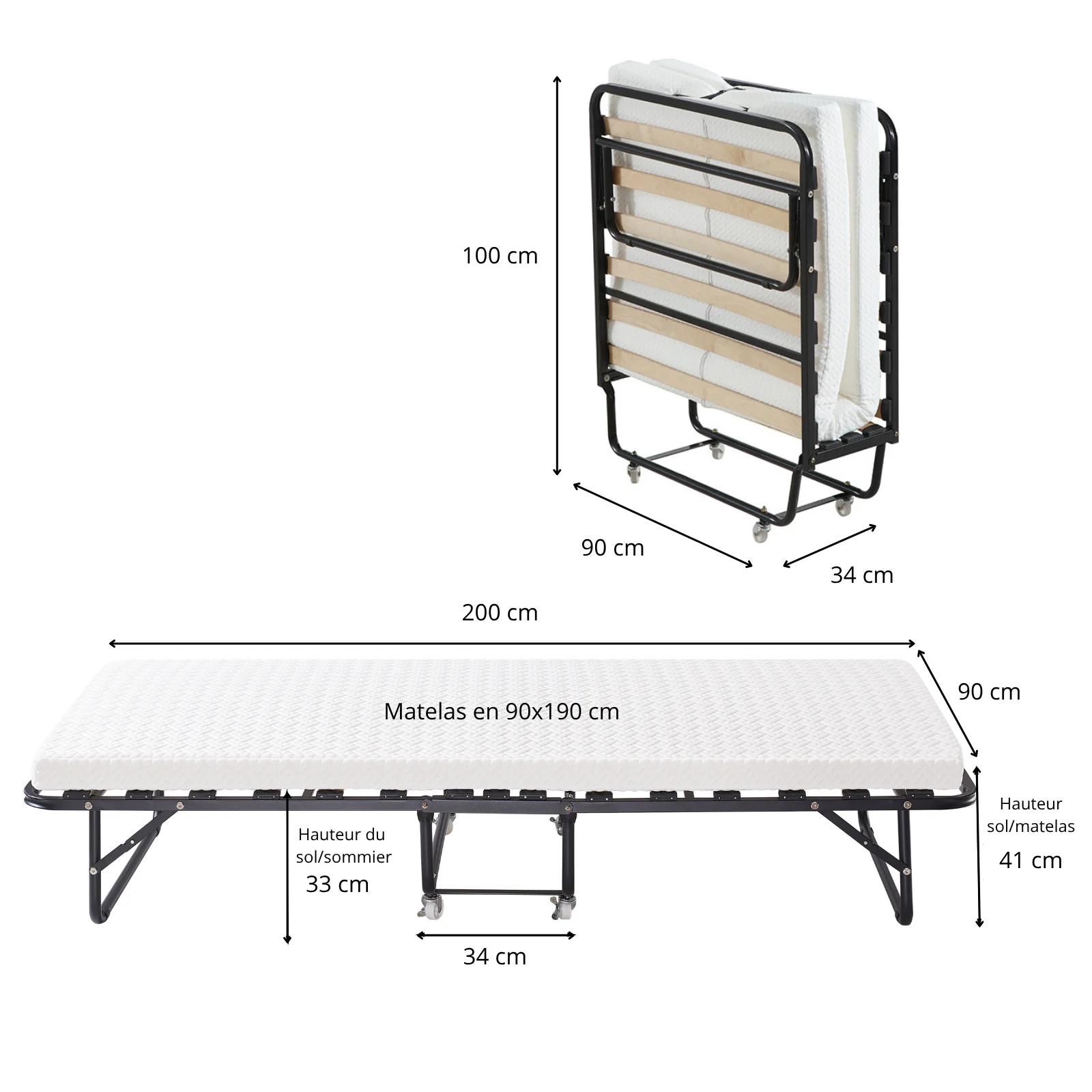 Lit pliant à roulettes avec matelas : lit d’appoint avec sommier à lattes flexibles - Collection Pliable - Image 9