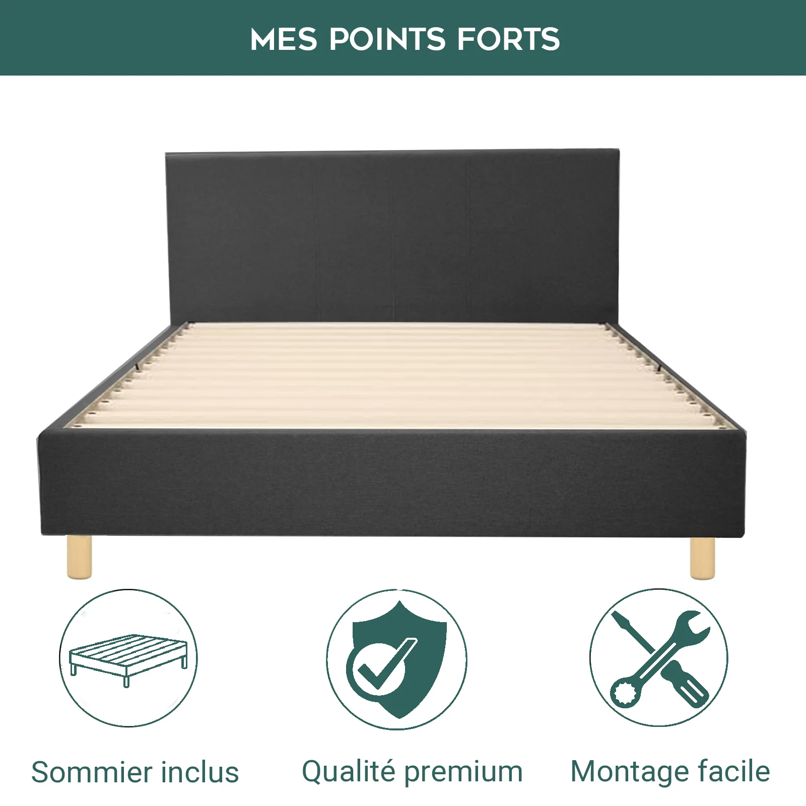 Lit tissu, tête de lit, sommier à lattes bois - Collection Prince - Image 3
