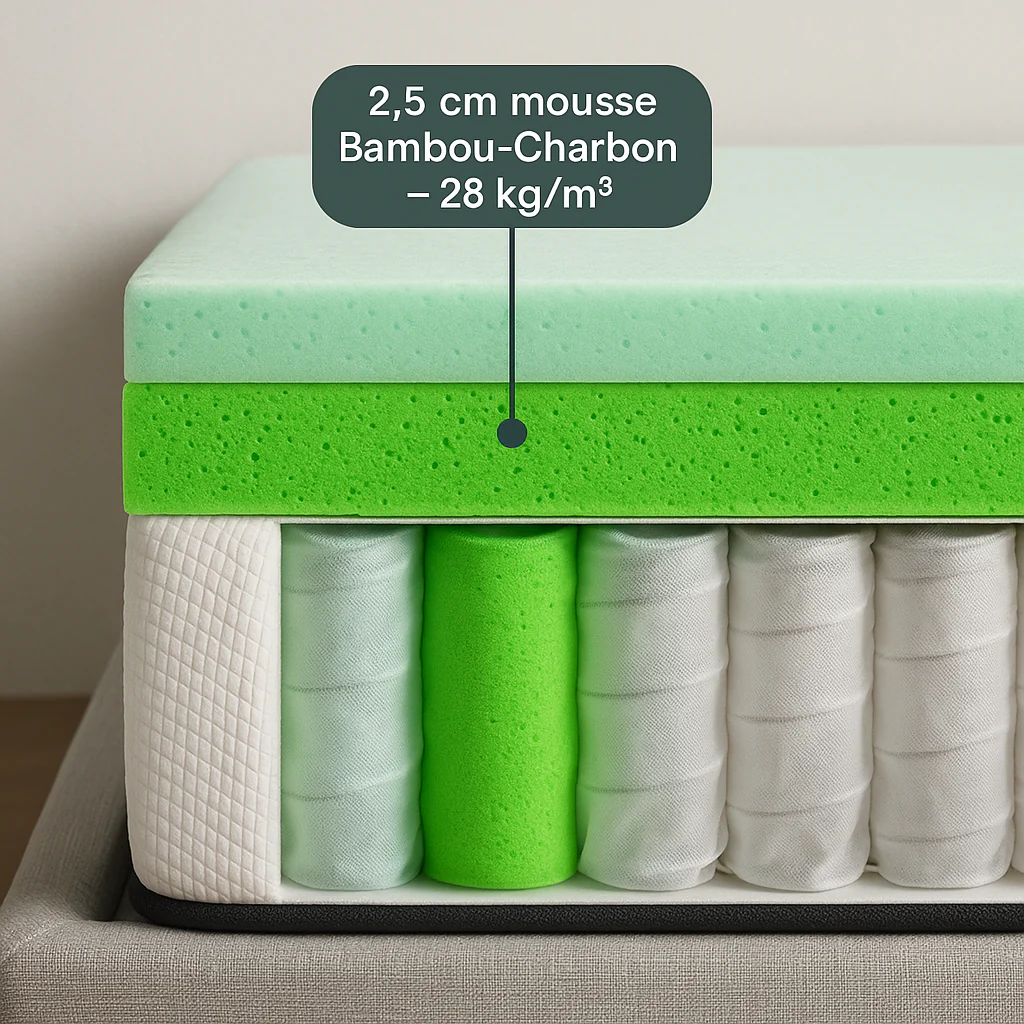 Matelas hybride mémoire de forme Bambou-Charbon et ressorts ensachés - Collection Naturelle - Image 7