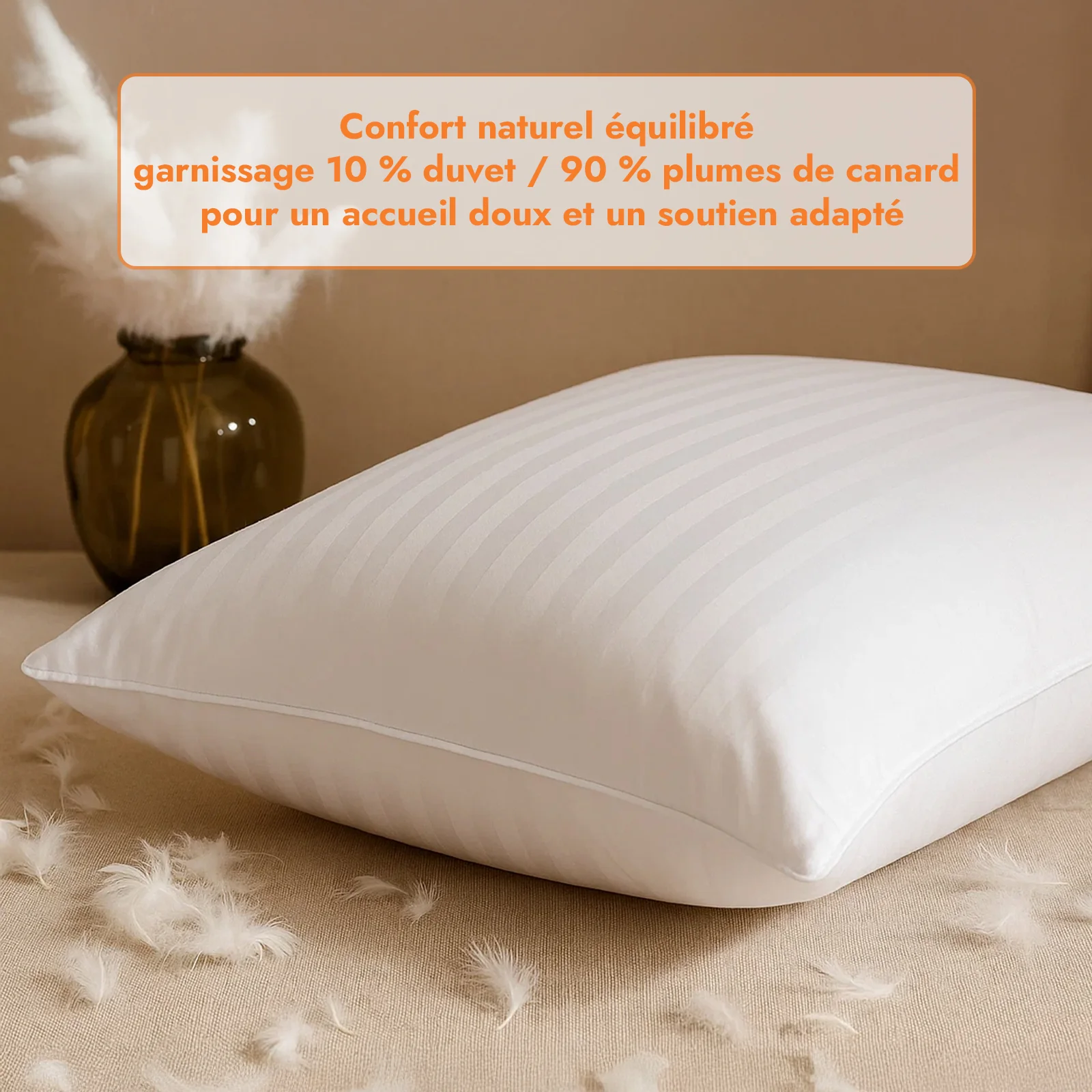 Oreiller plumes de canard et duvet, jacquard strié, confort équilibré - Collection Duvet - Image 6