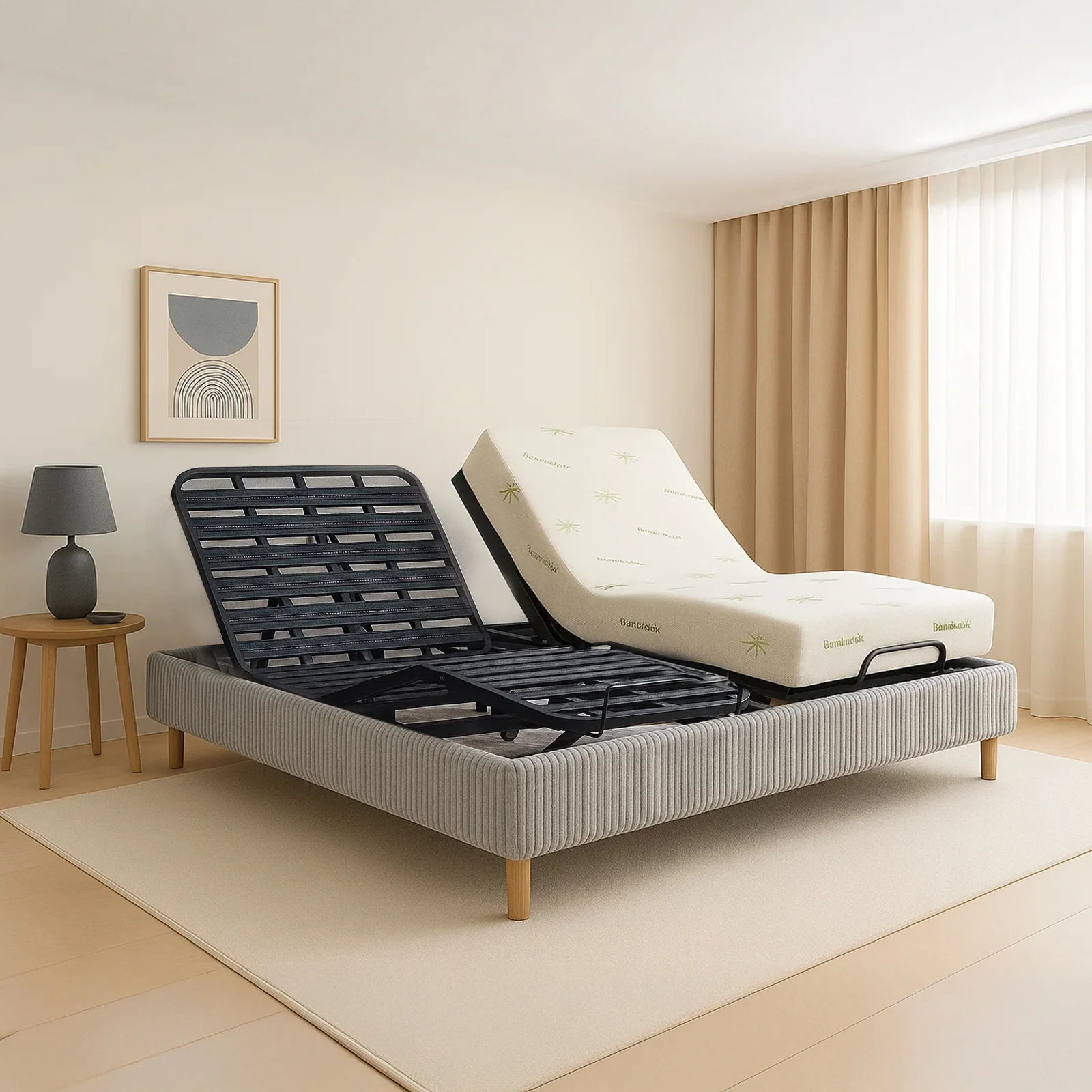 Pack lit électrique orthopédique à lattes en velours côtelé gris Orthoflex : matelas inclus