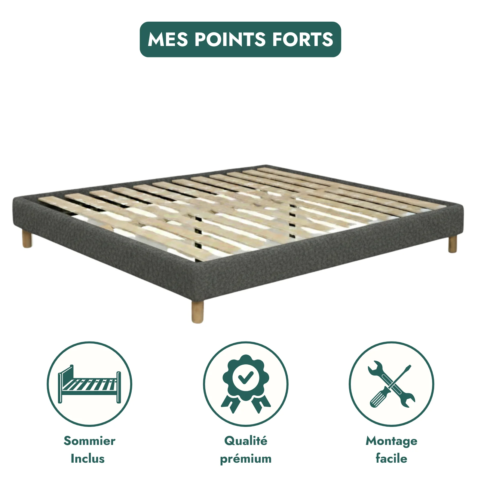 Sommier bouclette, cadre de lit, pieds bois, maintien bassin - Collection Deco - Image 11