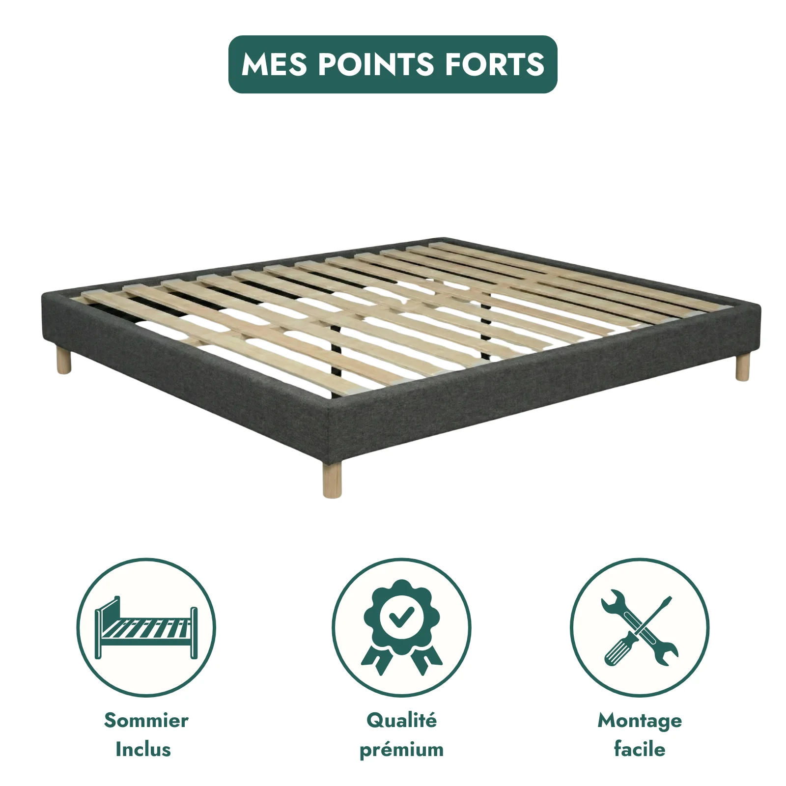 Sommier tissu, cadre de lit, pieds bois, maintien bassin - Collection Deco - Image 3