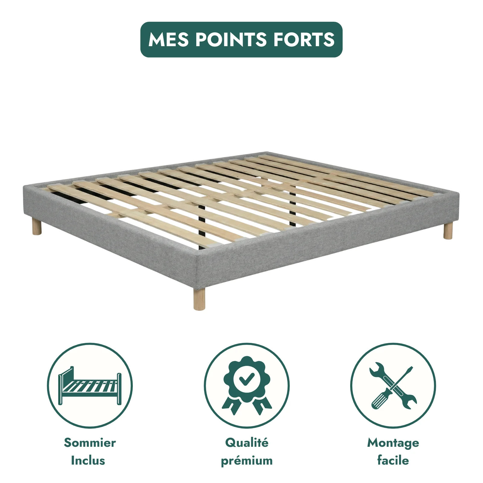Sommier tissu, cadre de lit, pieds bois, maintien bassin - Collection Deco - Image 6